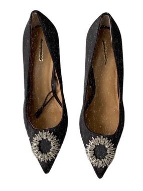 Express black satin medallion pointed toe formal heels pumps shoes